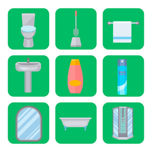 浴设备图标厕所碗浴室清洁平面样式插图卫生设计