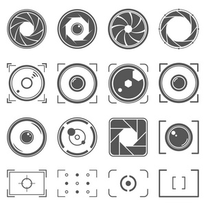 相机快门, 镜头和照片相机元素设置。光圈和摄影插图。一套摄影概念符号
