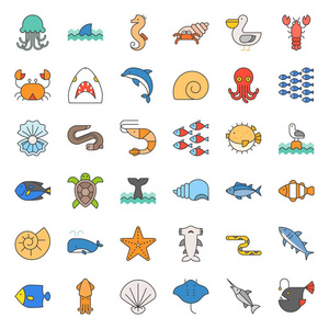 水生海洋生物如章鱼, 贝壳, 鹈鹕, 鱼群, 填充轮廓图标集