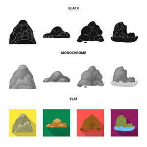 巨石, 一座圆山, 海中的岩石。不同的山脉集合图标在黑色, 平, 单色风格矢量符号股票插画网站