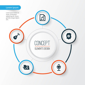 音频图标设置。Meloman 档案 文书和其他元素的集合。此外包括注意 文件 文件夹等符号