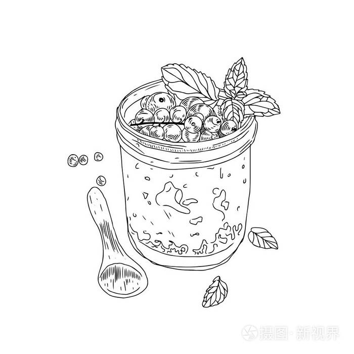 矢量健康的生活方式概念手绘素描插图与健康早餐麦片粥碗勺子在白色