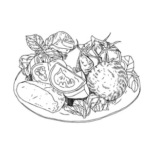 手绘芝士希腊沙拉配新鲜蔬菜, 芝士干酪和橄榄油.