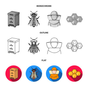 一架蜂窝, 一包蜂蜜, 一 fumigator 蜜蜂, 一罐蜂蜜。蜂房集合图标在平面, 轮廓, 单色样式矢量符号股票插画网站