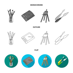 Balonchik 油漆, 管与油漆, 水彩在一个盒子里, 墨水在瓶子和钢笔。艺术家和绘画集合图标在平面, 轮廓, 单色风格矢量