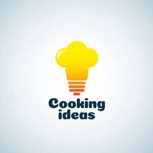 烹饪理念抽象矢量符号 象征或标志模板。灯泡和厨师的帽子混合物剪影。创造性的概念