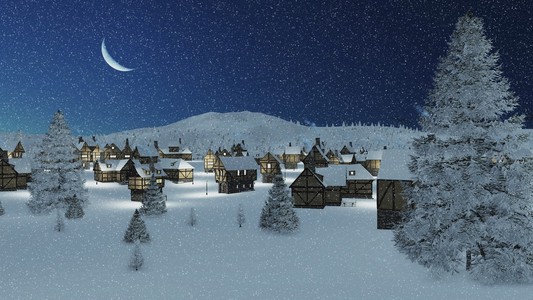 在冬天的夜晚降雪梦幻乡镇