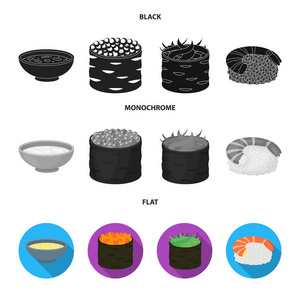 一碗汤, 鱼子酱, 虾和米饭。寿司集图标黑色, 平, 单色矢量符号股票插画网站