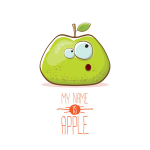 矢量滑稽卡通可爱的绿色苹果字符在白色背景下隔离.