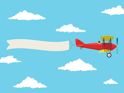红色飞机与飞行员和横幅广告在多云的天空