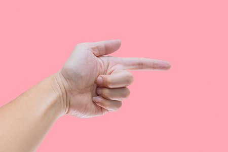 男性手或手指点这种方式被隔离在粉红色的颜色背景与修剪路径