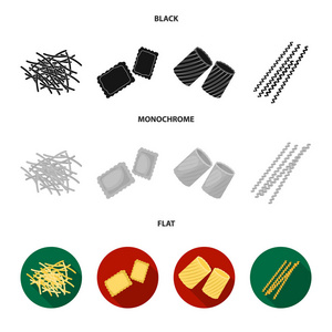 不同类型的面食。类型的面食集合图标黑色, 平, 单色风格矢量符号股票插画网站