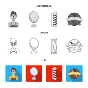 一把剃刀, 一把机械发剪刀, 一个扶手椅和其他的美发设备。理发店集合图标在平面, 轮廓, 单色风格矢量符号股票插画网站