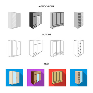 衣柜里有镜子, 衣柜, 搁着夹层。卧室家具集合图标在平面, 轮廓, 单色风格矢量符号股票插画网站
