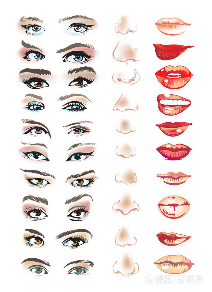 脸构造, 眼睛, 嘴唇和鼻子.彩色手绘套装