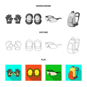 全身西装的骑手, 头盔, 泵用软管, 膝保护器。自行车套装集合图标在平面, 轮廓, 单色风格矢量符号股票插画网站