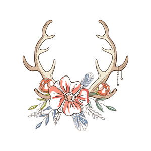 鹿角与花圈的花朵, 手绘花卉组合与鹿角矢量插图白色背景照片