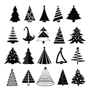 在白色背景上的圣诞树剪影的矢量插图集。平面样式