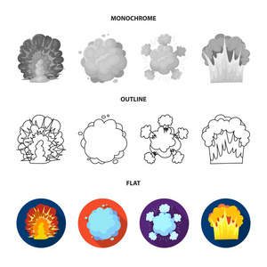 火焰, 火花, 氢气碎片, 原子或气体爆炸。爆炸集合图标在平面, 轮廓, 单色样式矢量符号股票插画网站