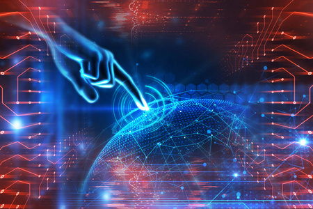 3d 插图的手触摸手势上的未来科技电子照片