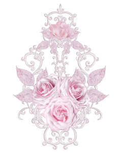 装饰装饰, 佩斯利元素, 精致的纹理银叶制成的细花边和珍珠。宝石闪亮的卷发, 从珠子线, 芽粉彩粉红色的玫瑰。镂空织造精致