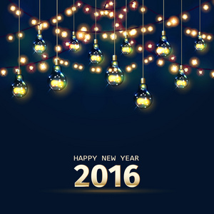 新的一年卡与节日花环灯和灯泡。矢量图