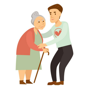 志愿者卡通善良的男性志愿者帮助老太太与.