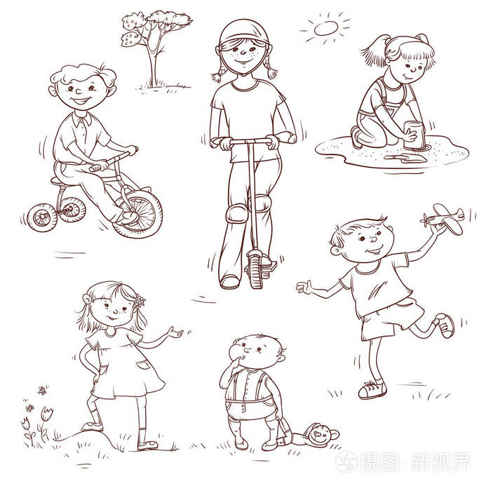 插画 向量集的活跃的孩子们玩耍的素描图.