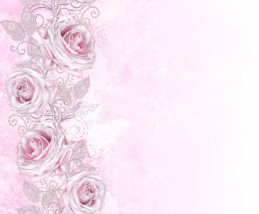 葡萄酒邀请卡粉红色色调。精致的玫瑰, 佩斯利元素, 珍珠花边卷发, 装饰装饰