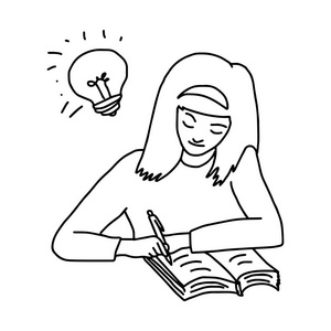 灯的涂鸦聪明的女孩和一本书放在桌子上做作业和减轻灯泡上她的头