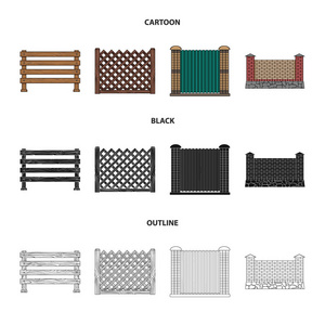一块金属和砖块的栅栏, 木栅栏。不同的围栏集合图标在卡通, 黑色, 轮廓风格矢量符号股票插画网站