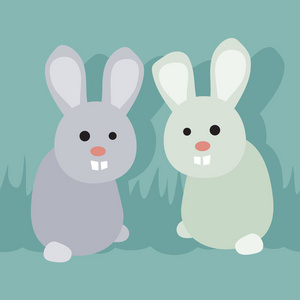 两只兔子坐在草地矢量插画