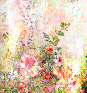 抽象的七彩花朵水彩画。春天的五彩的图