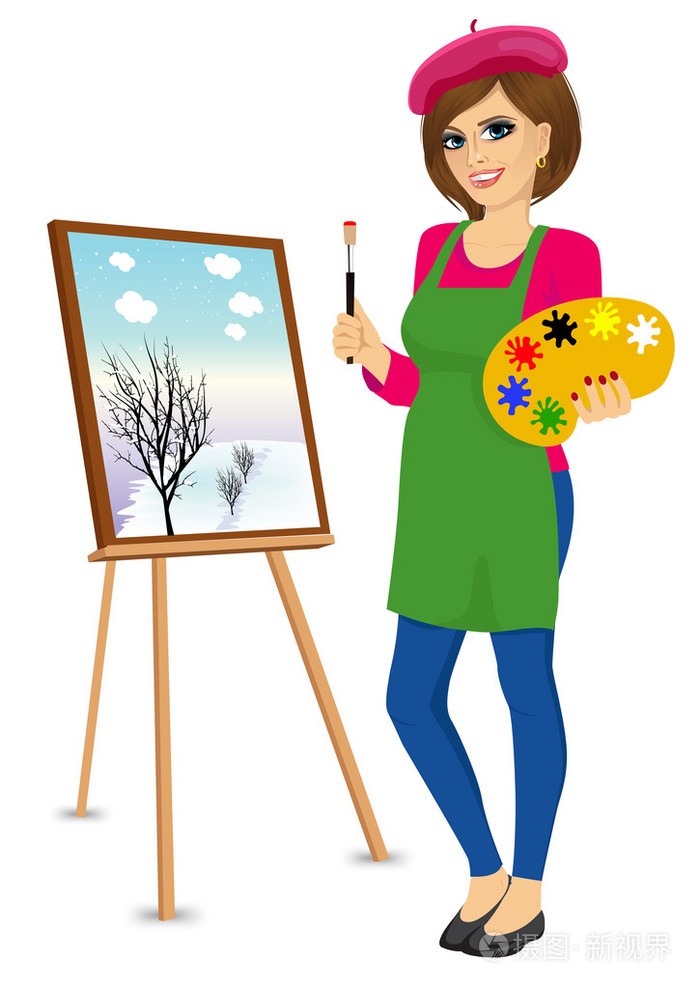 女画家艺术家拿着调色板和画笔