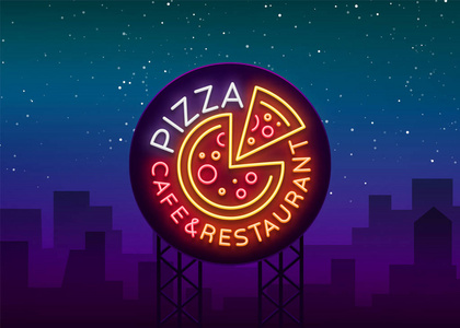 在霓虹风格的比萨饼标志.霓虹灯标志, 意大利食品的标志.