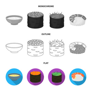 一碗汤, 鱼子酱, 虾和米饭。寿司集合图标在平面, 轮廓, 单色矢量符号股票插画网站