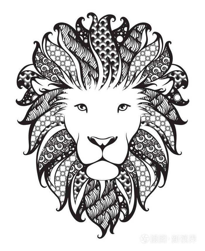 线性程式化狮子黑白图形矢量插画可用作纹身t恤箱包海报明信片等图案