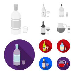 白酒, 红酒, 杜松子酒, 桑格里亚。酒精集合图标在单色, 平面式矢量符号股票插画网站