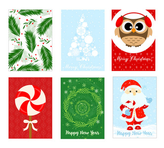 矢量插图圣诞贺卡套装与圣诞树, 圣诞老人和猫头鹰在平面设计