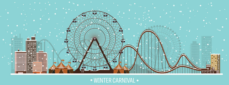 矢量图。摩天轮。冬季狂欢节。圣诞节，新的一年。公园与雪