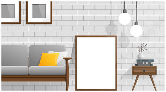 模拟客厅内的海报框架, 内部背景, 矢量, 插图
