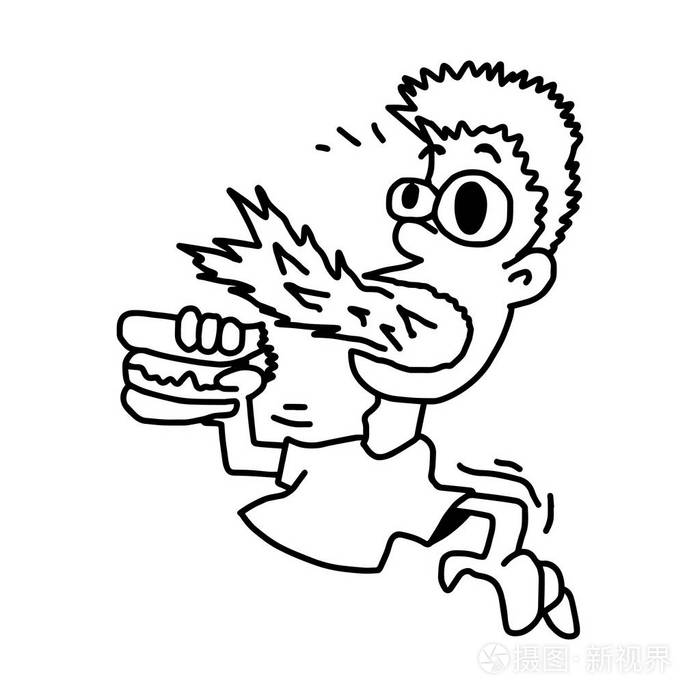 男人吃辛辣的食物-插图矢量涂鸦手绘制, 孤立在白色的背景插画-正版