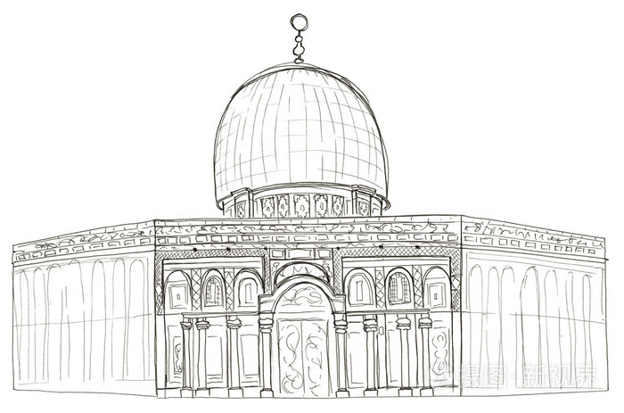 以色列耶路撒冷清真寺圆顶清真寺分离手绘制的建筑速写
