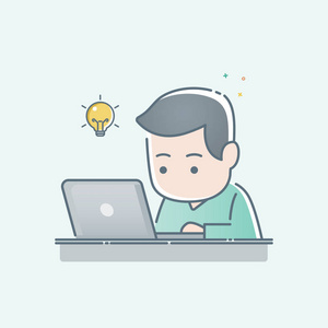 年轻人坐在笔记本电脑上工作, 有电灯泡, 想法概念.矢量插图照片