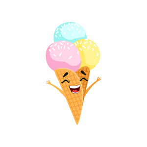 卡通人物欢快的冰淇淋.三彩色冻球在华夫饼锥.美味的甜点手举起来.