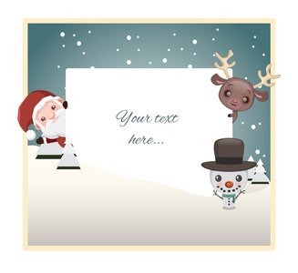 可爱的圣诞老人 驯鹿和雪人圣诞问候