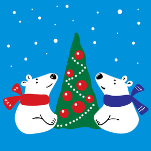两个白色的熊，附近的圣诞树