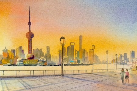 美丽的上海, 在中国.水彩画照片