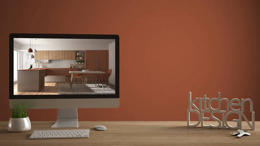 建筑师设计师项目概念, 木桌与房子钥匙, 3d 信件做词厨房设计, 计算机显示内部草稿, 红色橙色通色背景拷贝空间