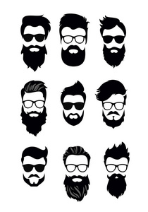 矢量嬉皮士的向量说明有胡子的男人脸上有不同的发型, 胡须, 胡须。剪影人理发平的样式